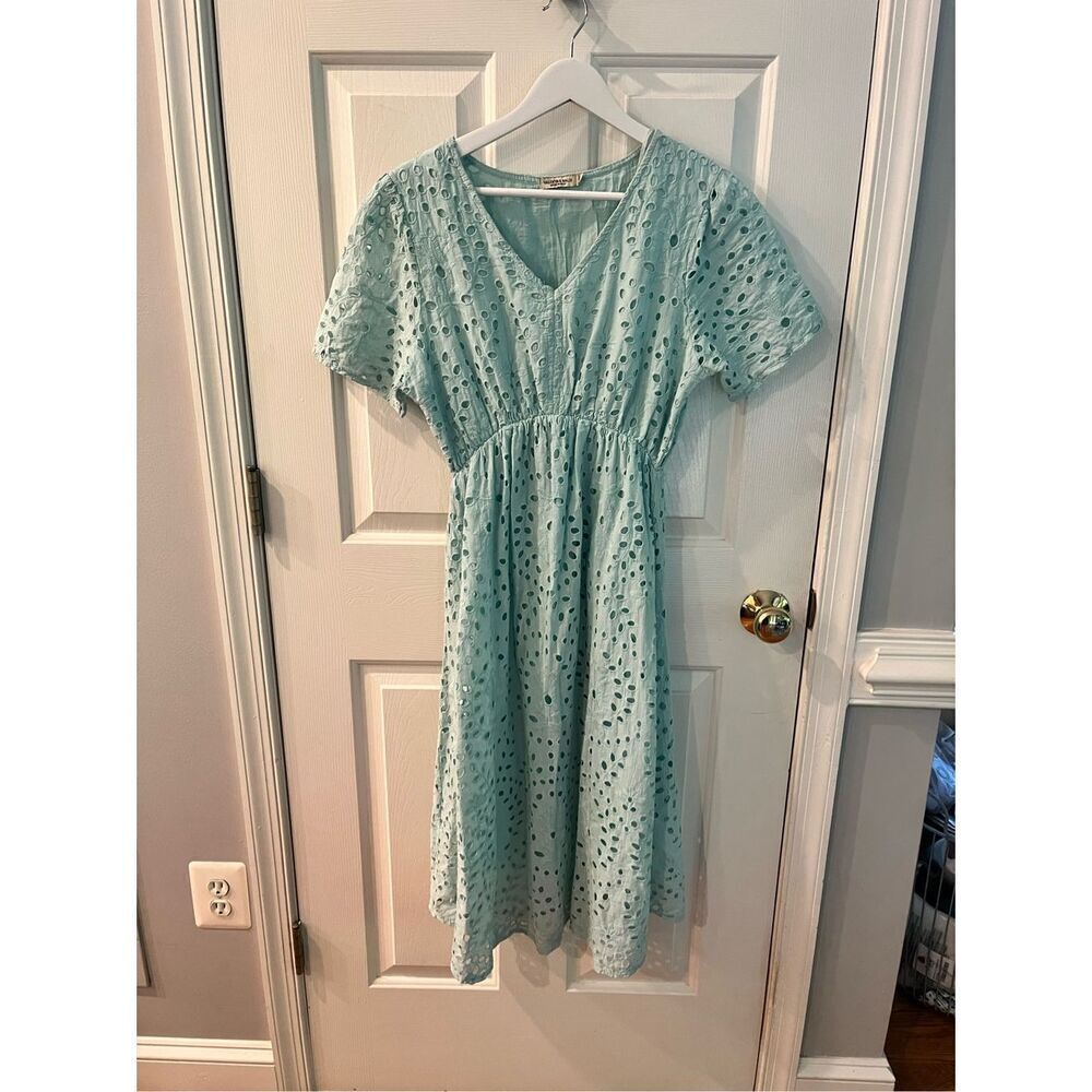 Valentina Naldi Pale Green Eyelet Elastic Waist Dress sz L EUC